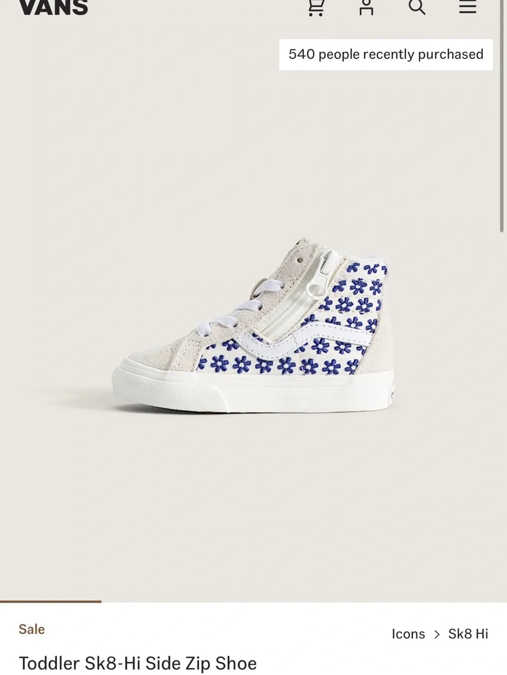 Vans Toddler Sk8-Hi Side Zip Shoe - White with Blue Floral